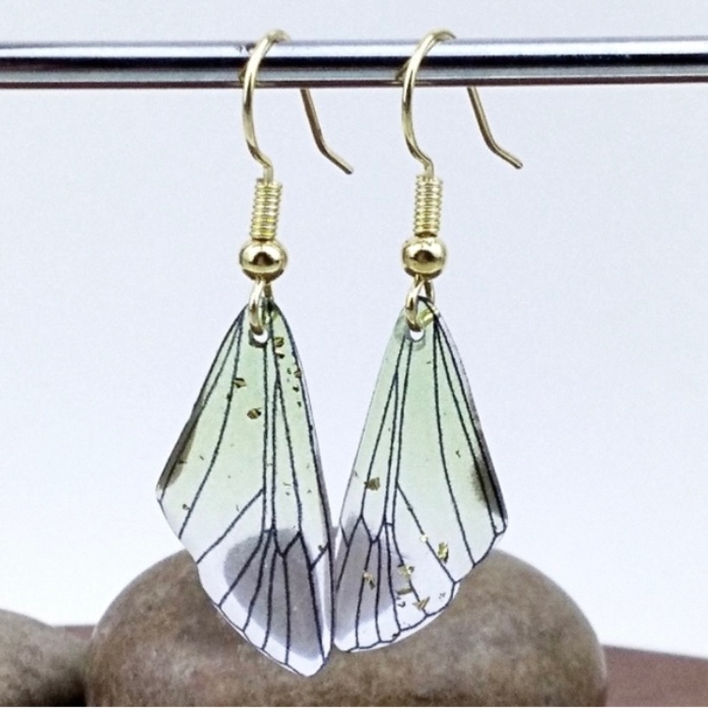 Green and Gold Acrylic Butterfly Wing Earrings